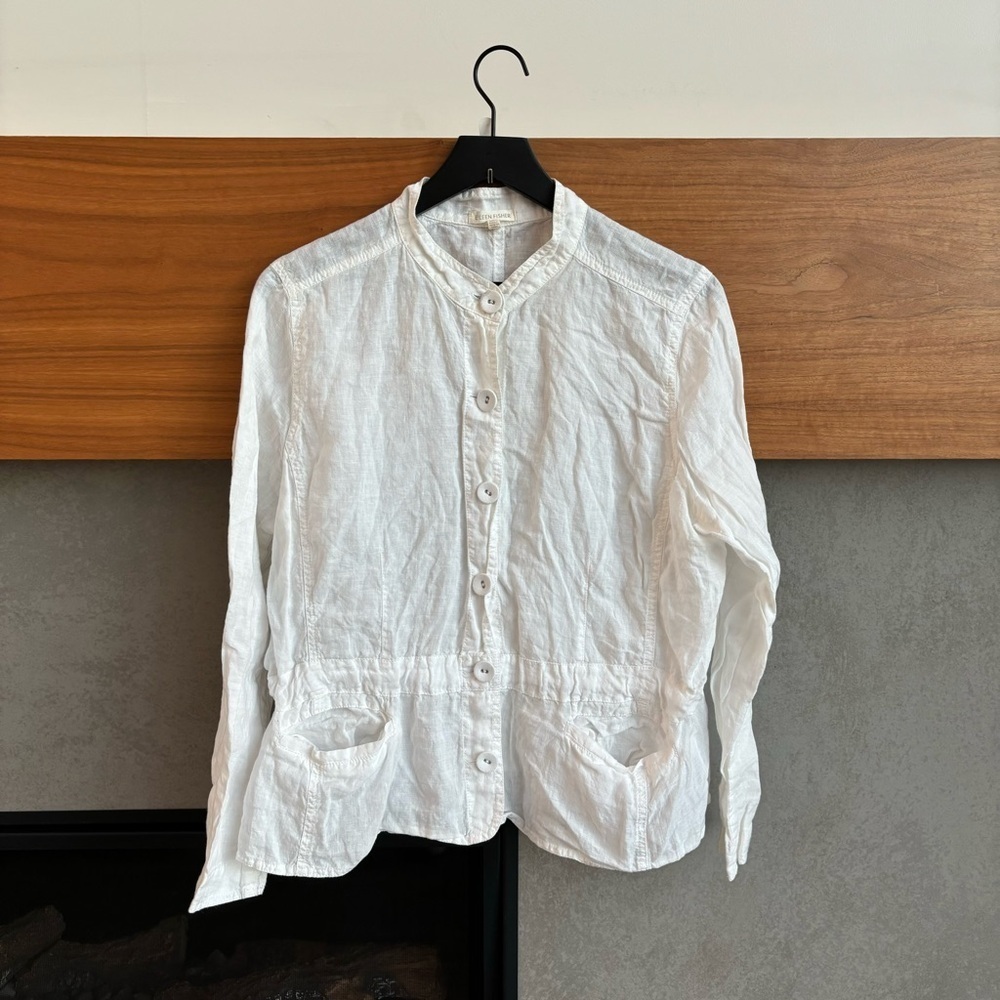 Eileen Fisher Women's Sheer White Linen Drawstring Jacket, Size XL
